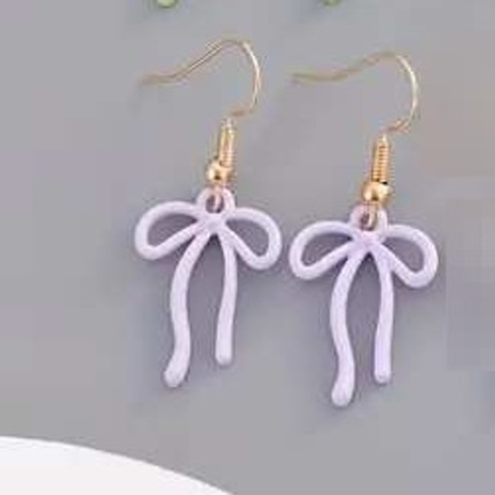 Bow Drop Dangle Earrings‎ Gold Tone Hooks Purple Enamel Fun Jewelry